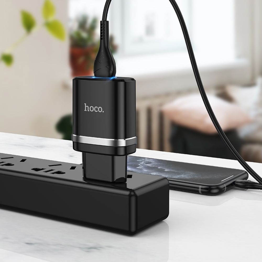 Сетевое зарядное устройство Hoco N1, 1 USB, черное, с кабелем Lightning