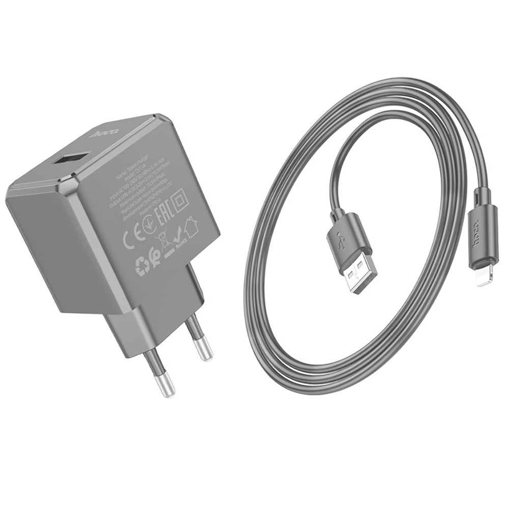 Сетевое зарядное устройство Hoco CS11A, USB, черное, с кабелем USB на Lightning
