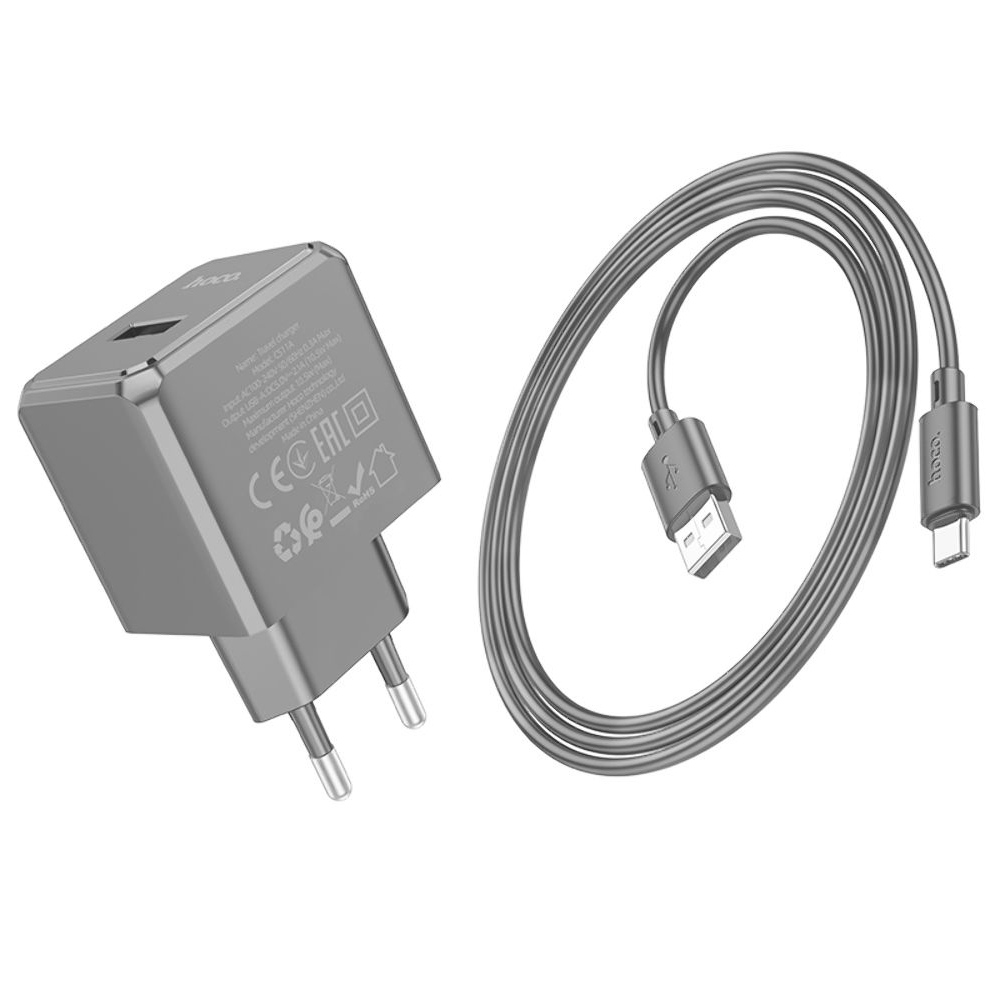Сетевое зарядное устройство Hoco CS11A, USB, черное, с кабелем USB на Type-C