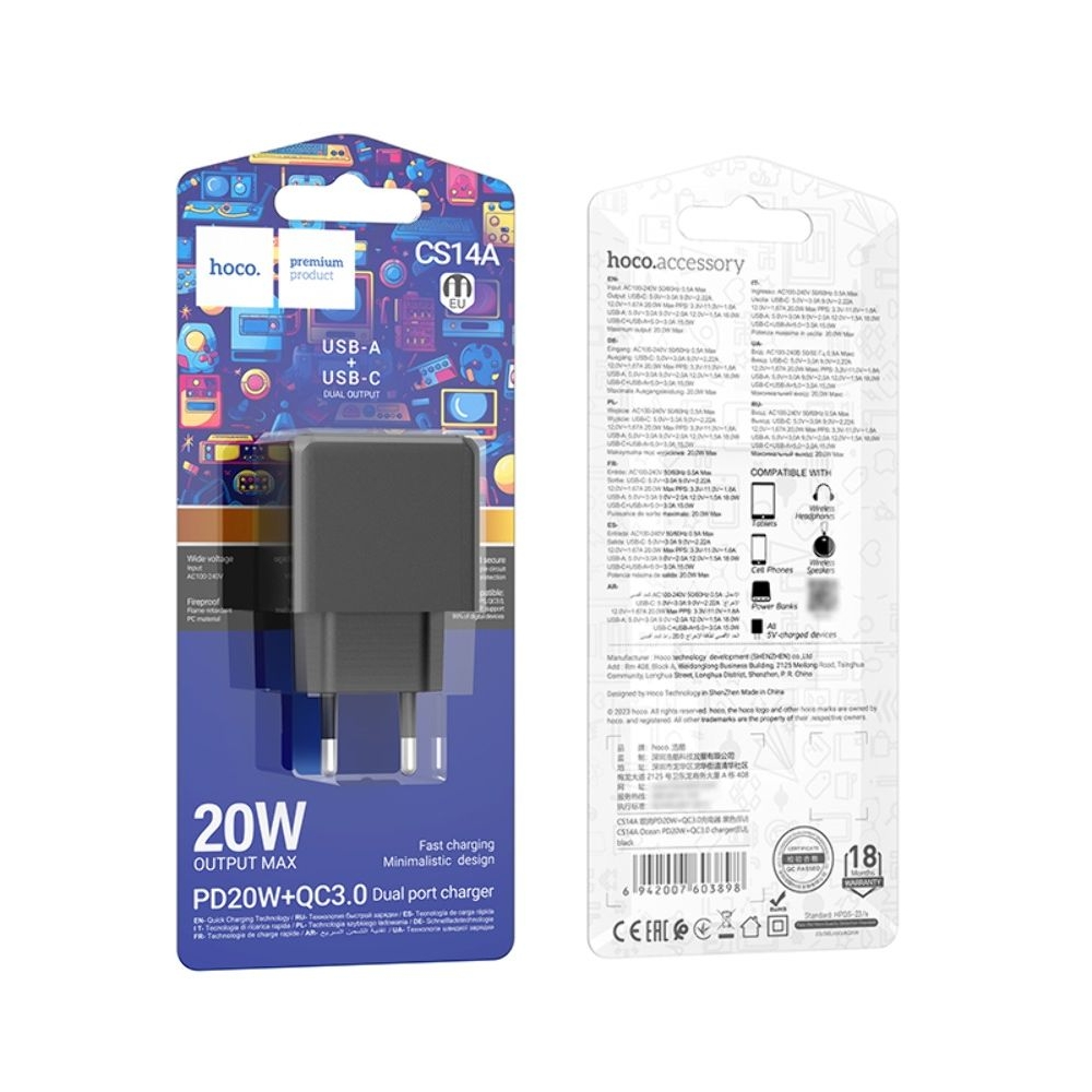 Сетевое зарядное устройство Hoco CS14A, USB, Type-C, Quick Charge, PowerDelivery, черное