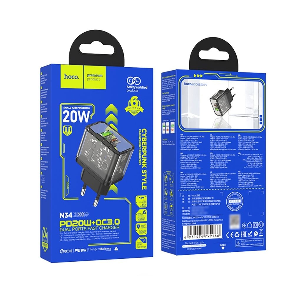 Сетевое зарядное устройство Hoco N34 USB/ Type-C, Quick Charge, PowerDelivery, черное
