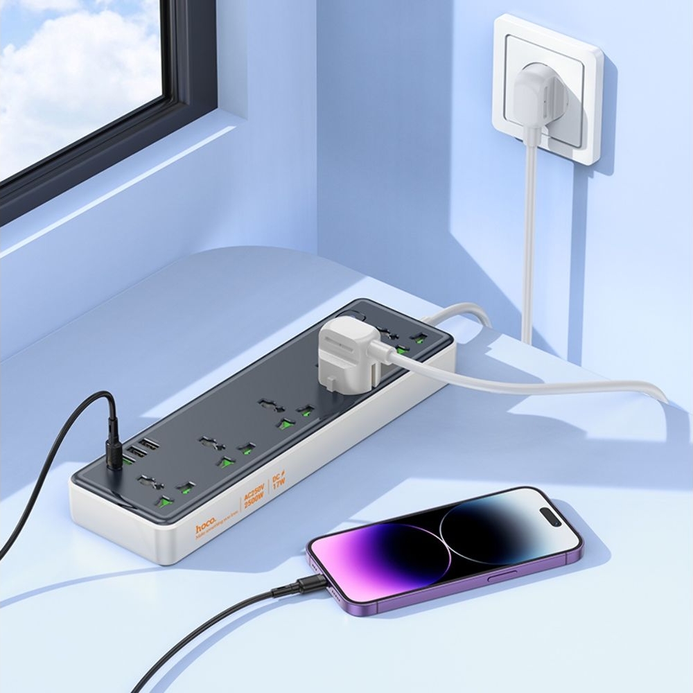 Сетевое зарядное устройство удлинитель Hoco AC13A, 3 USB, 1 Type-C, 5 розеток, 100 см, чорний