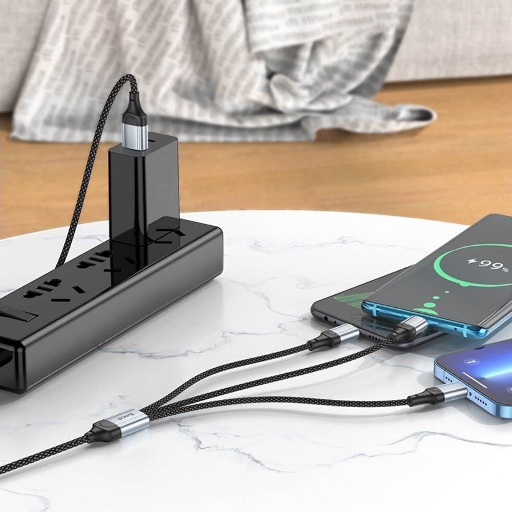 USB-кабель Hoco X102, 3 в 1, Lightning, Type-C, Micro-USB, 100 см, чорний, только для зарядки, режим передачи данных отключен