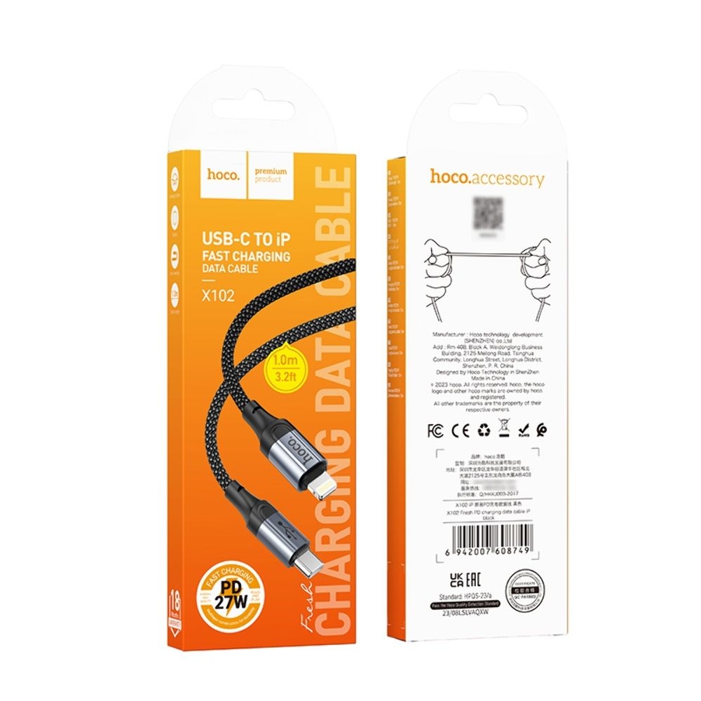 USB-кабель Hoco X102, Type-C на Lightning, PowerDelivery (27 Вт), чорний