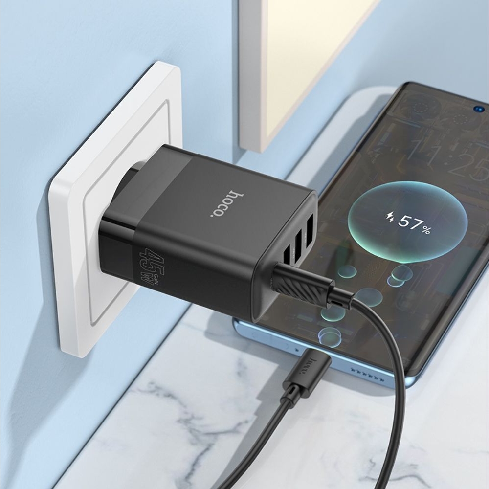 Сетевое зарядное устройство Hoco C127A, 3 USB, Type-C, Power Delivery (45 Вт), черное