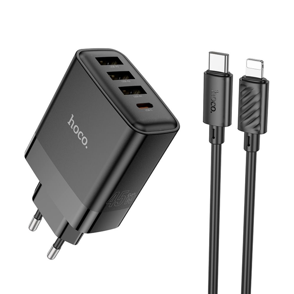 Сетевое зарядное устройство Hoco C127A, 3 USB, Type-C PD45W, черное, с кабелем Type-C на Lightning