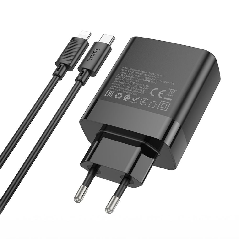 Сетевое зарядное устройство Hoco C127A, 3 USB, Type-C PD45W, черное, с кабелем Type-C на Lightning