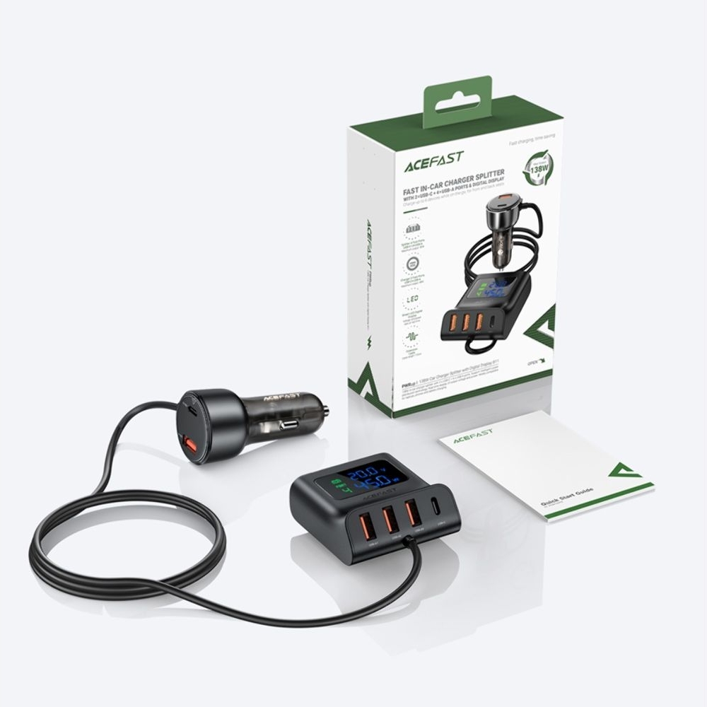 Автомобильний зарядний пристрій Acefast B11, 3 USB, Type-C, Quick Charge, Power Delivery (138 Вт), с дисплеем, черное | зарядка, зарядное устройство
