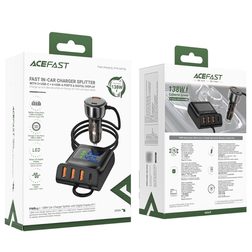 Автомобильний зарядний пристрій Acefast B11, 3 USB, Type-C, Quick Charge, Power Delivery (138 Вт), с дисплеем, черное | зарядка, зарядное устройство