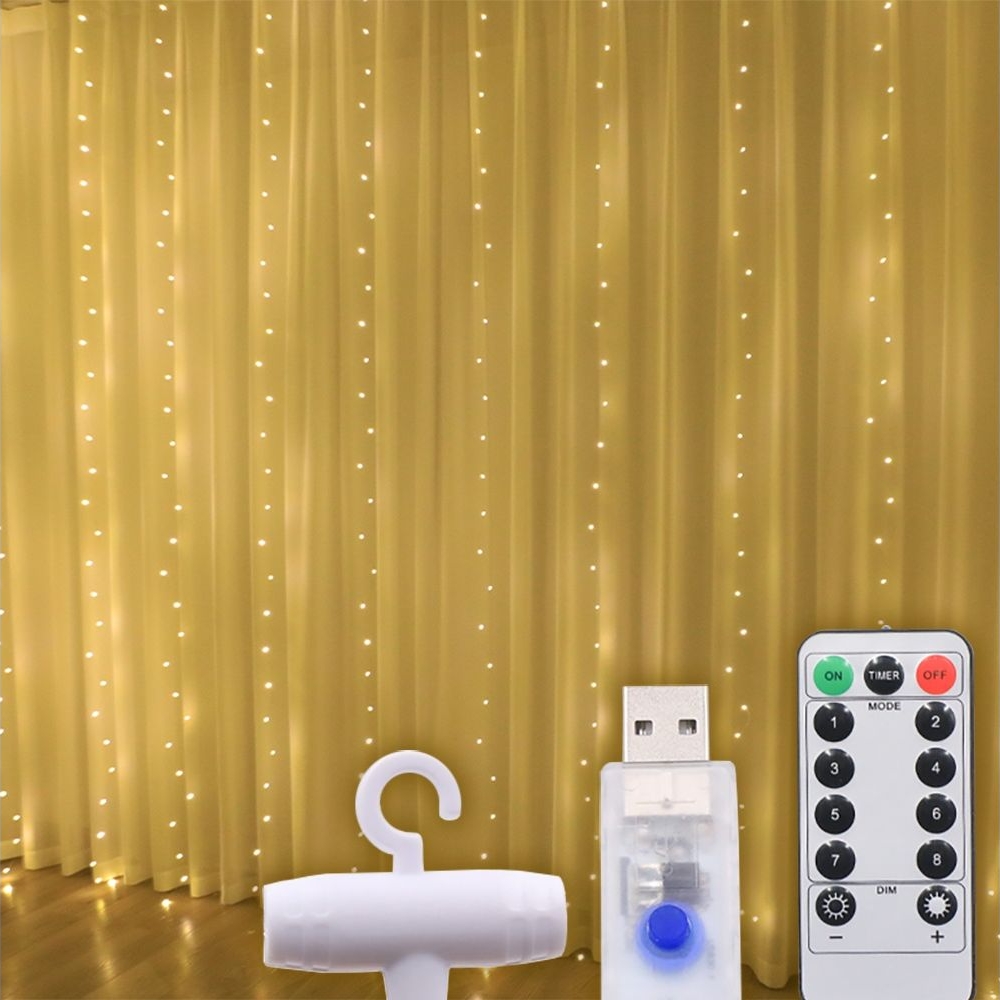 Светодиодная гирлянда USB штора, медная нить, теплый, білий, 3x3 м, 8 режимов, с пультом