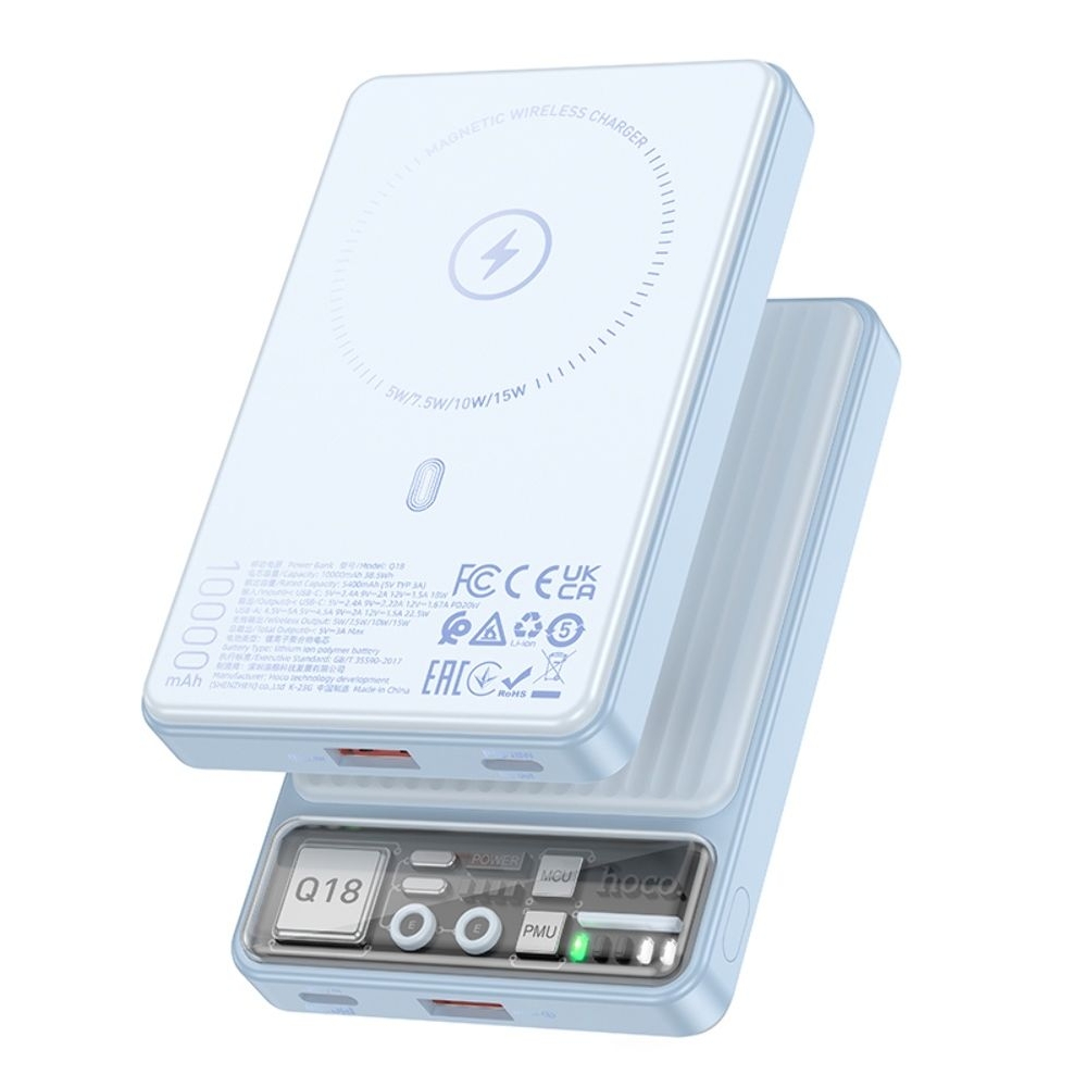 Power bank Hoco Q18, 10000mAh, PD, 22.5W, магнитный, с функцией беспроводной зарядки, синій