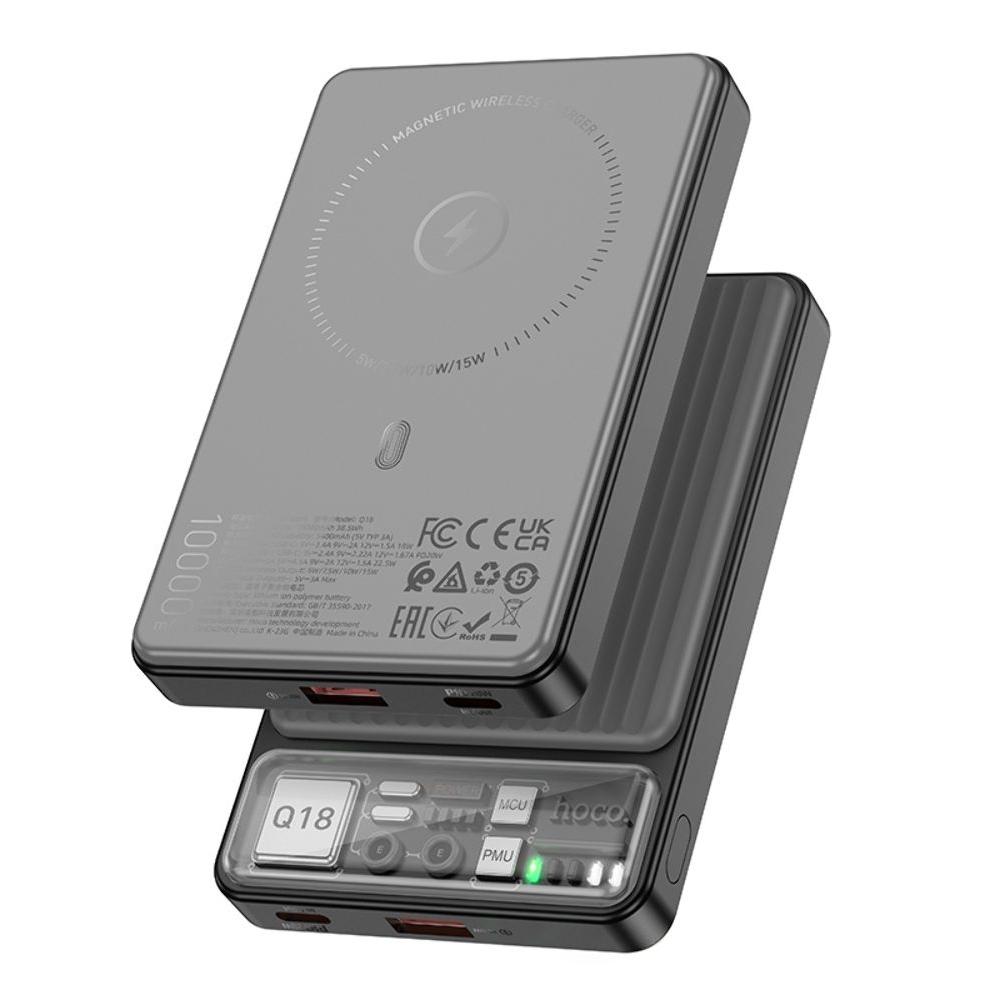 Power bank Hoco Q18, 10000mAh, PD, 22.5W, магнитный, с функцией беспроводной зарядки, чорний