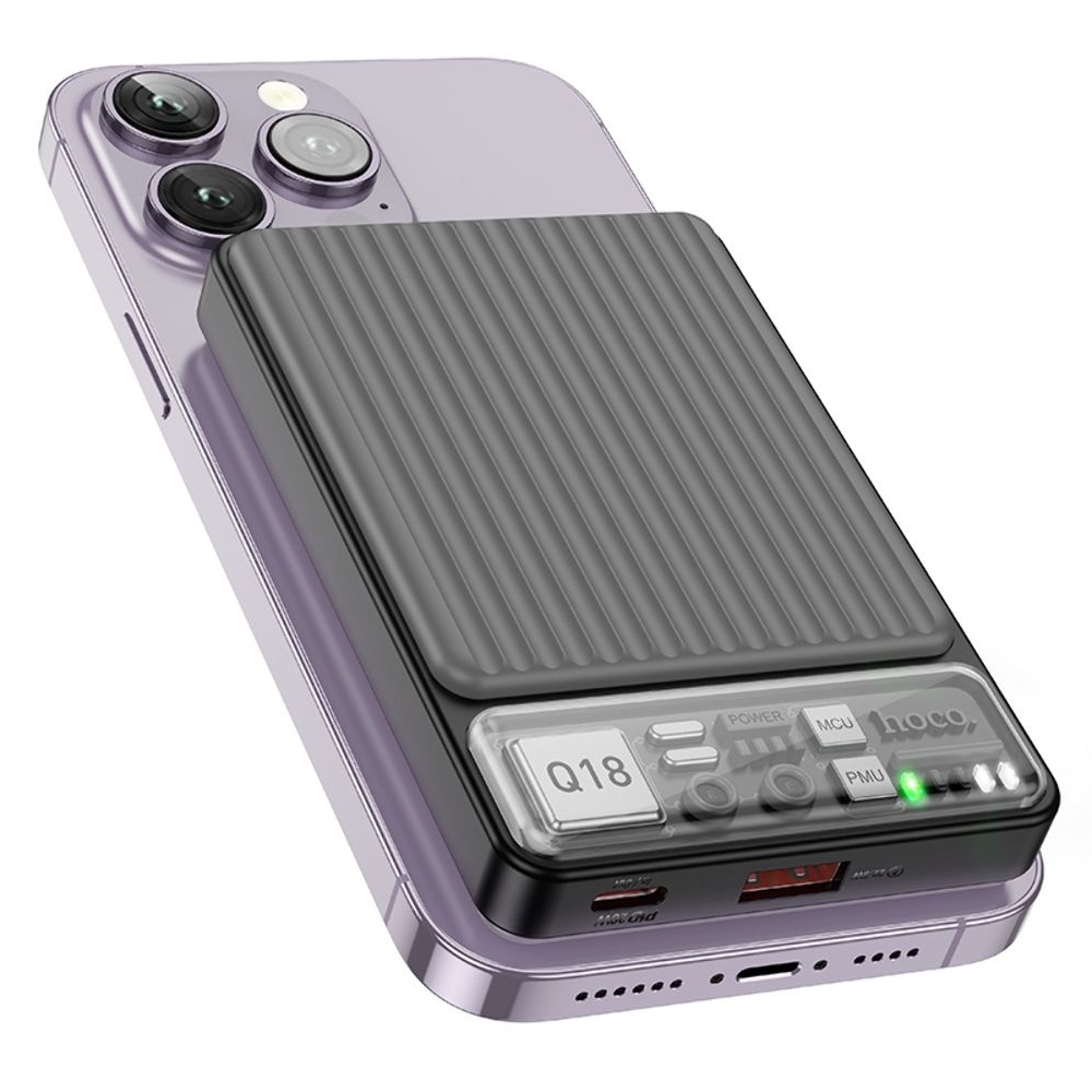 Power bank Hoco Q18, 10000mAh, PD, 22.5W, магнитный, с функцией беспроводной зарядки, чорний