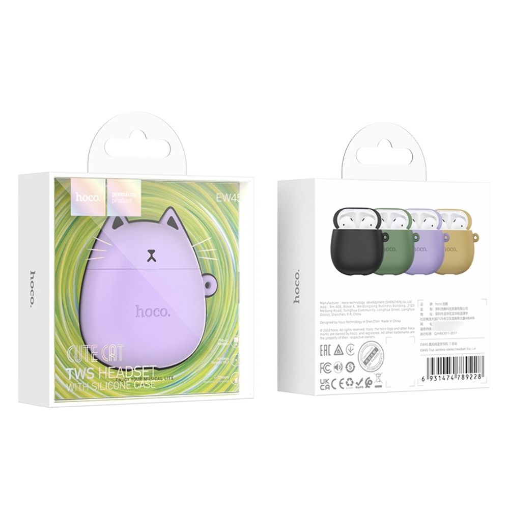 Наушники беспроводные вкладыши Hoco EW45 TWS Cat Ear lilac cat, фиолетовые