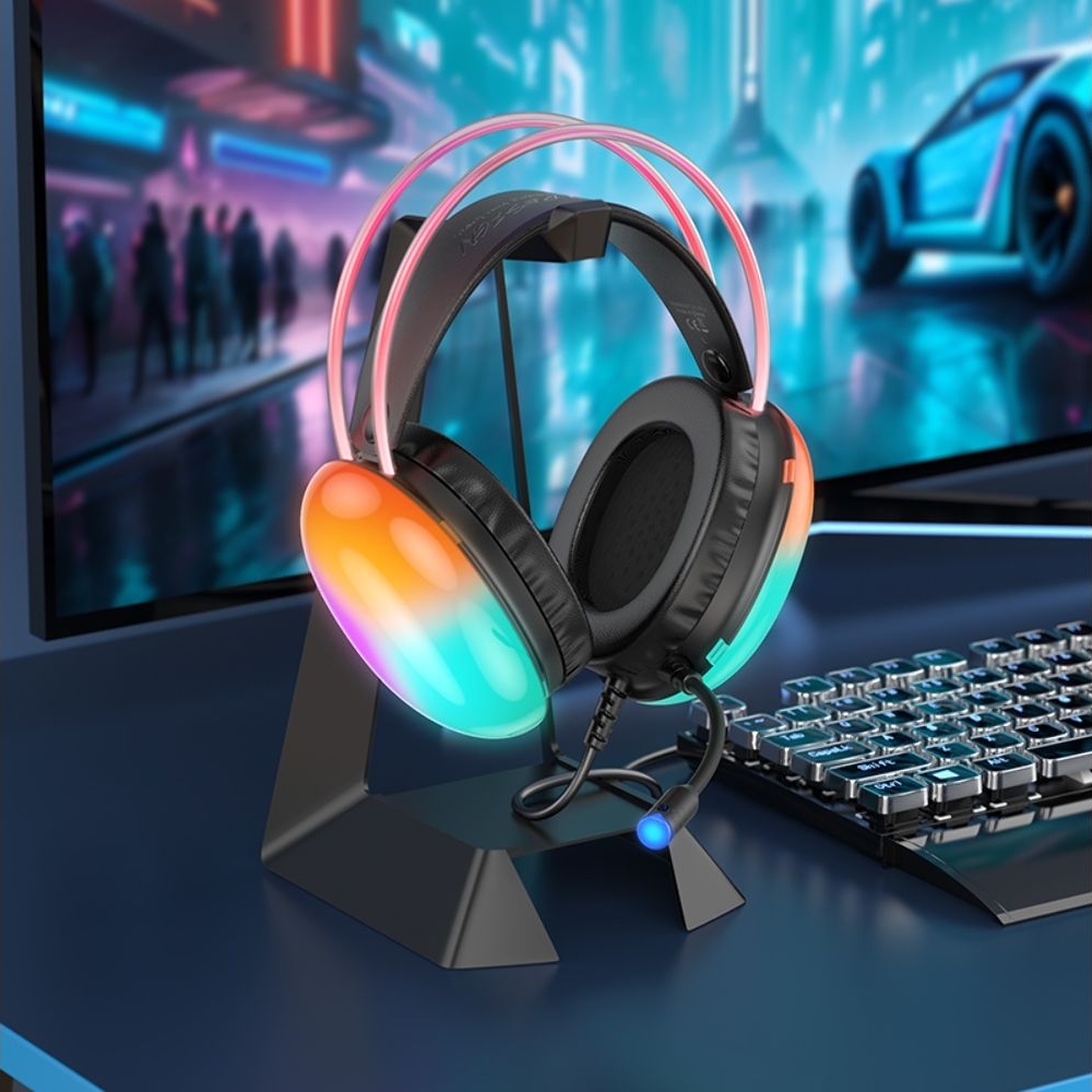 Наушники проводные полноразмерные Hoco W109 Plus USB7.1, с микрофоном и подсветкой, черные