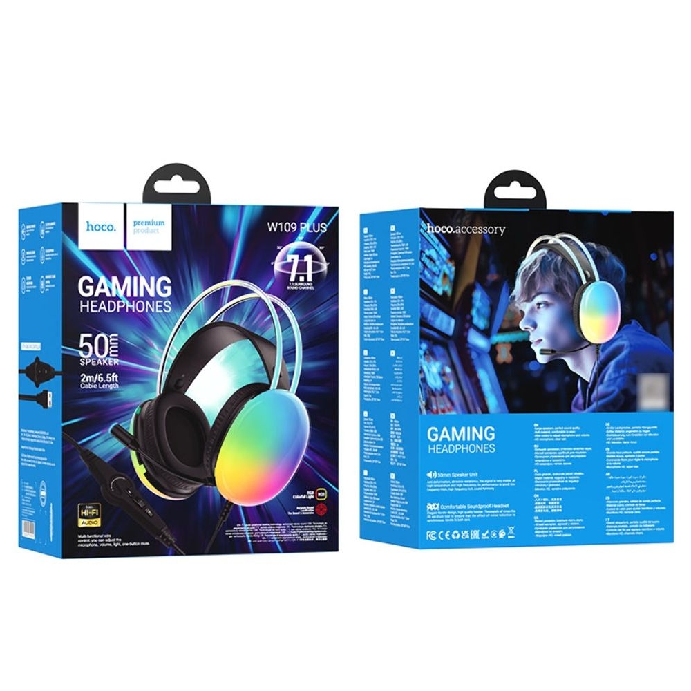 Наушники проводные полноразмерные Hoco W109 Plus USB7.1, с микрофоном и подсветкой, черные