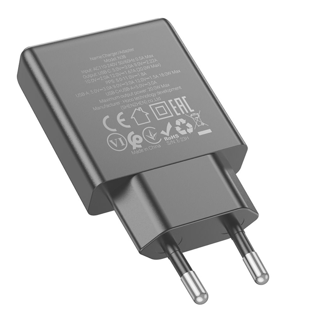 Сетевое зарядное устройство Hoco N38 USB/ Type-C, Quick Charge, PowerDelivery 20 Вт, черное