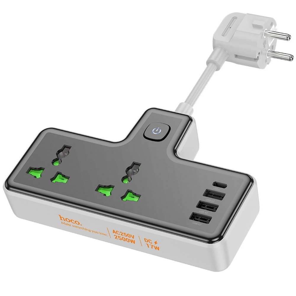 Сетевое зарядное устройство-удлинитель Hoco AC11A, 3 USB, 1 Type-C, 2 розетки, черное