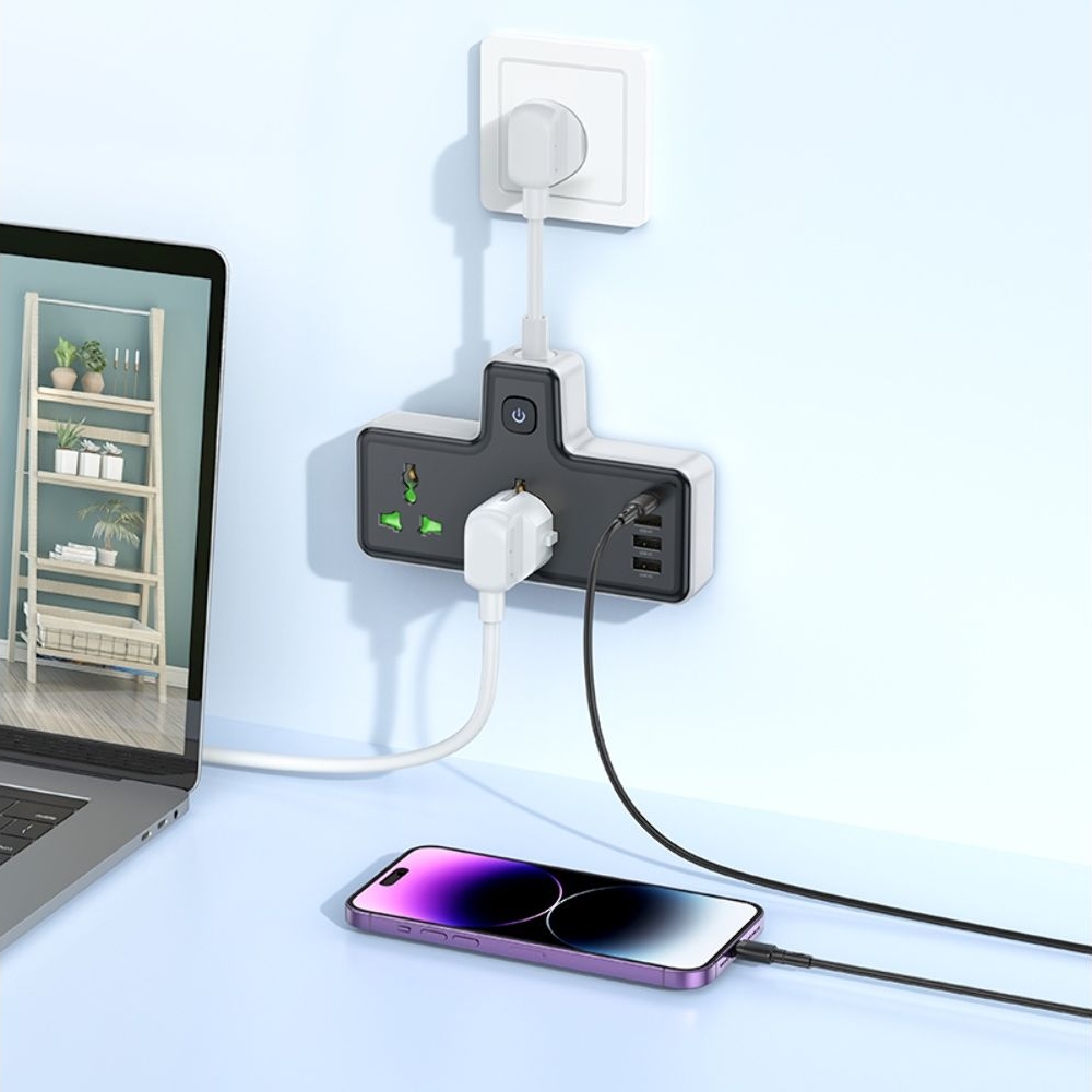 Сетевое зарядное устройство-удлинитель Hoco AC11A, 3 USB, 1 Type-C, 2 розетки, черное