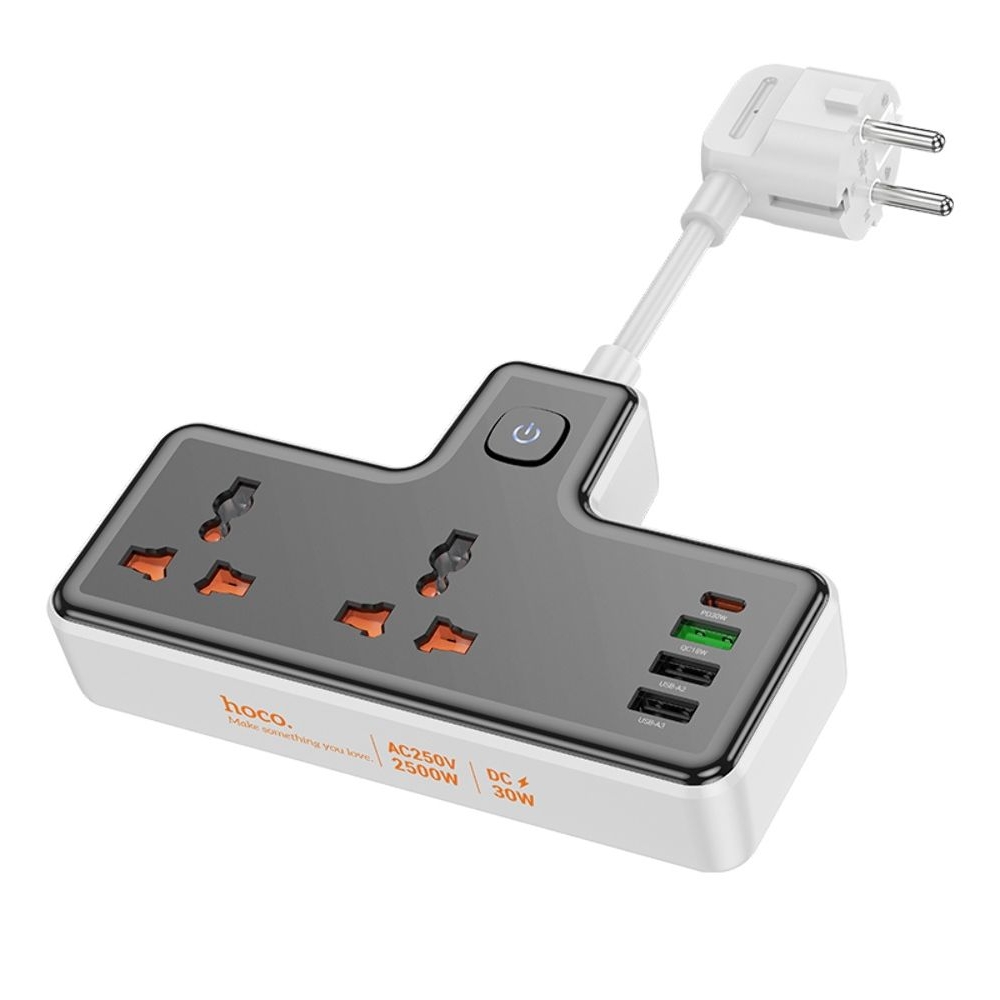 Сетевое зарядное устройство удлинитель Hoco AC12A, 3 USB, Type-C, Power Delivery (30 Вт), 2 розетки, 100 см, чорний