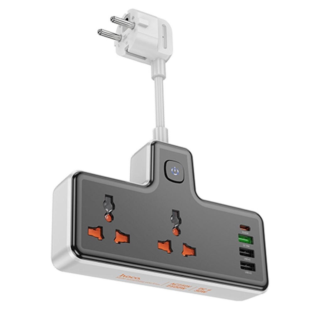 Сетевое зарядное устройство удлинитель Hoco AC12A, 3 USB, Type-C, Power Delivery (30 Вт), 2 розетки, 100 см, чорний