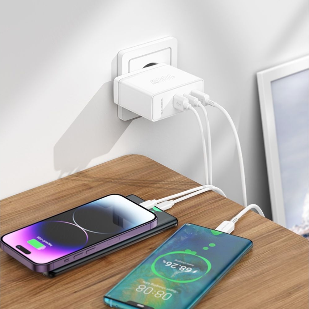 Сетевое зарядное устройство Borofone BN11, 1 USB, 2 Type-C, PowerDelyvery (100 Вт), белое, с кабелем кабель Type-C на Type-C