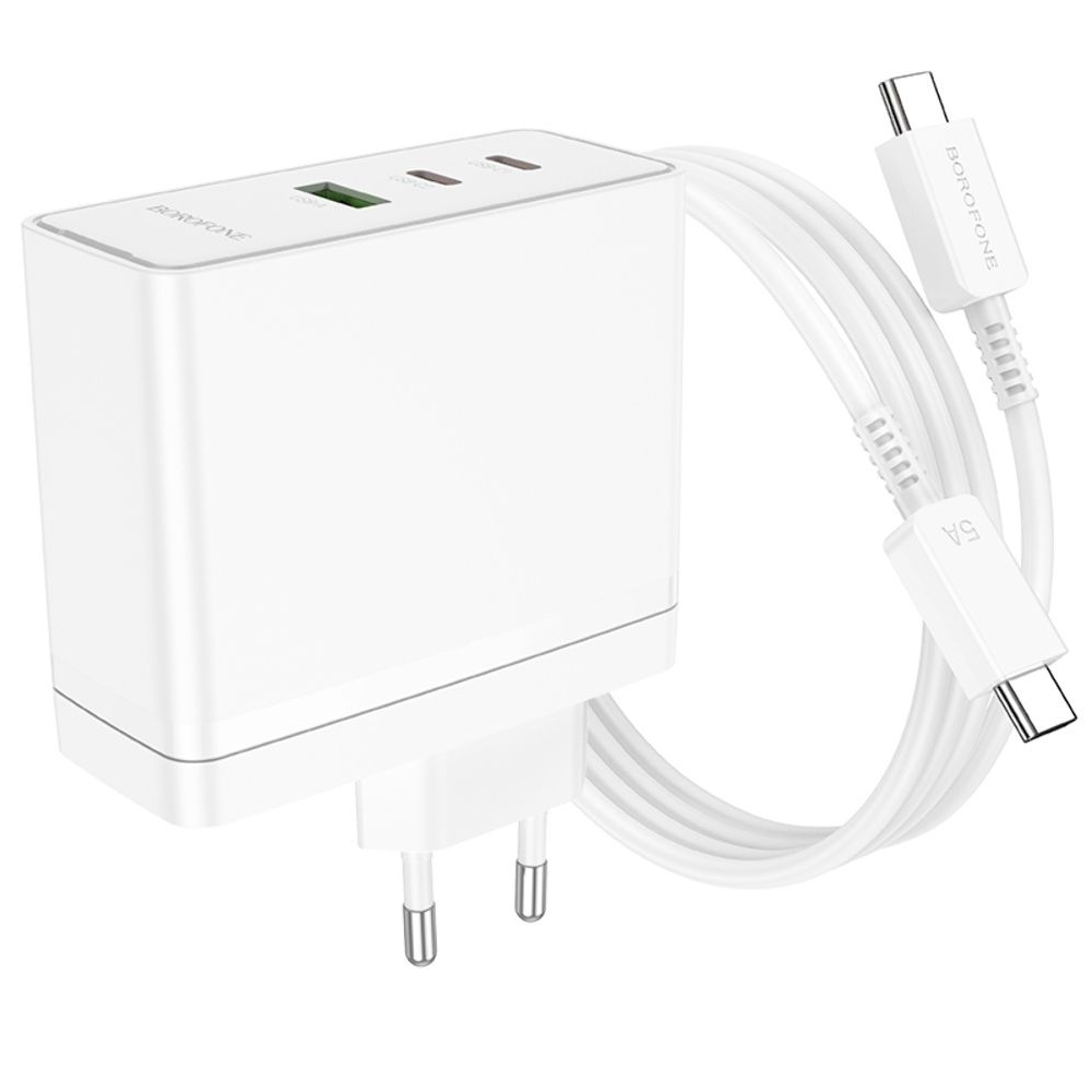 Сетевое зарядное устройство Borofone BN11, 1 USB, 2 Type-C, PowerDelyvery (100 Вт), белое, с кабелем кабель Type-C на Type-C