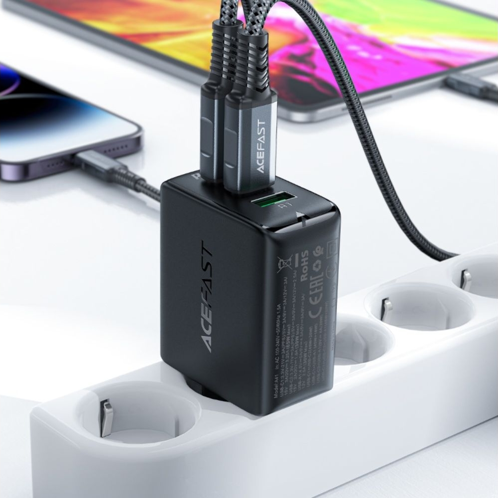 Сетевое зарядное устройство Acefast A41, 1 USB, 2 Type-C, Quick Charge, Power Delivery (65 Вт), GaN, черное