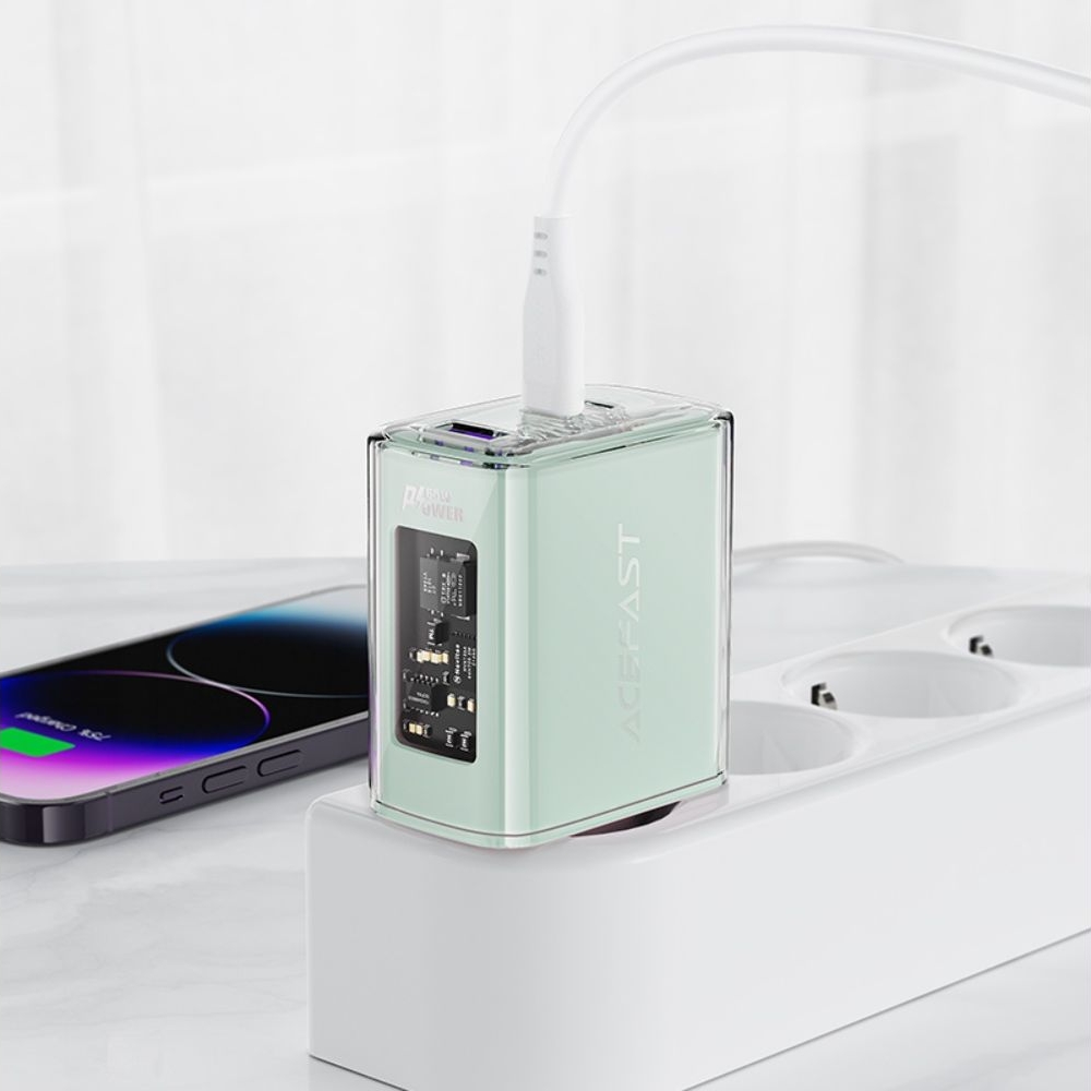 Сетевое зарядное устройство Acefast A45, 1 USB, 2 Type-C, Quick Charge, Power Delivery (65 Вт), GaN, бирюзовое
