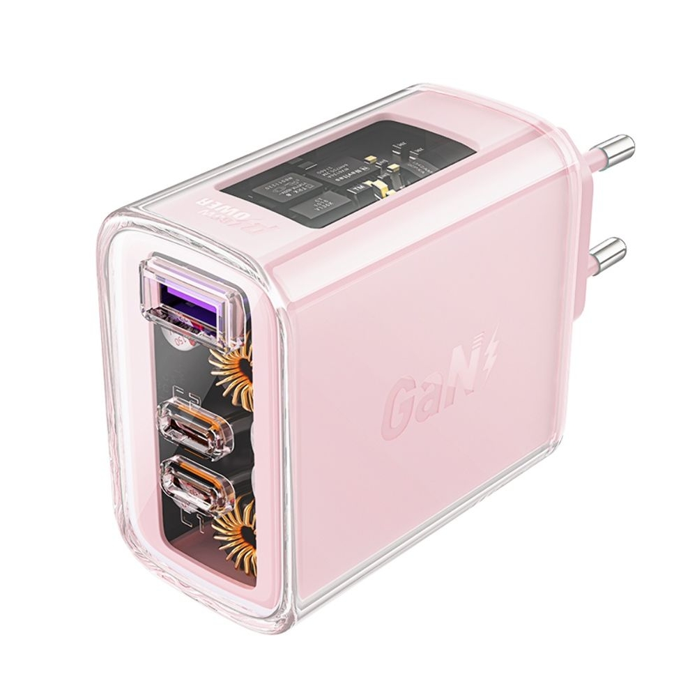 Сетевое зарядное устройство Acefast A45, 1 USB, 2 Type-C, Quick Charge, Power Delivery (65 Вт), GaN, розовое