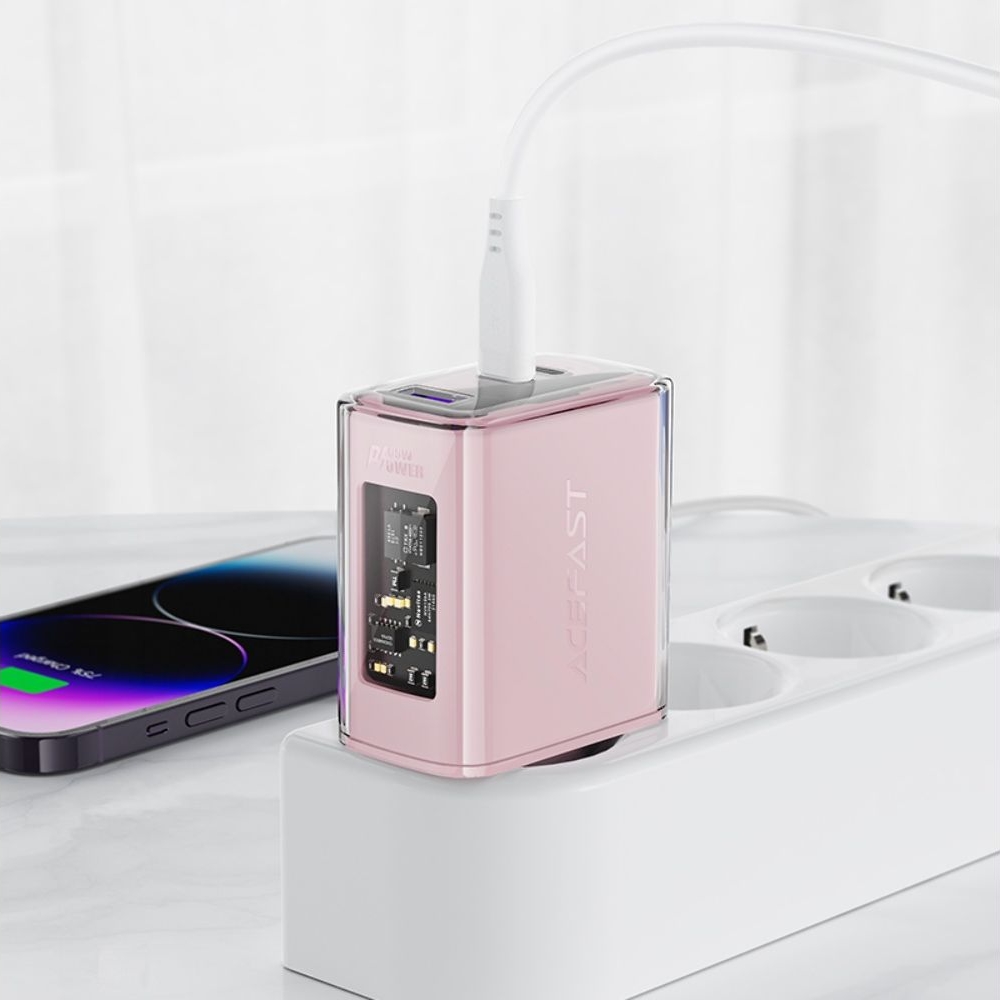 Сетевое зарядное устройство Acefast A45, 1 USB, 2 Type-C, Quick Charge, Power Delivery (65 Вт), GaN, розовое