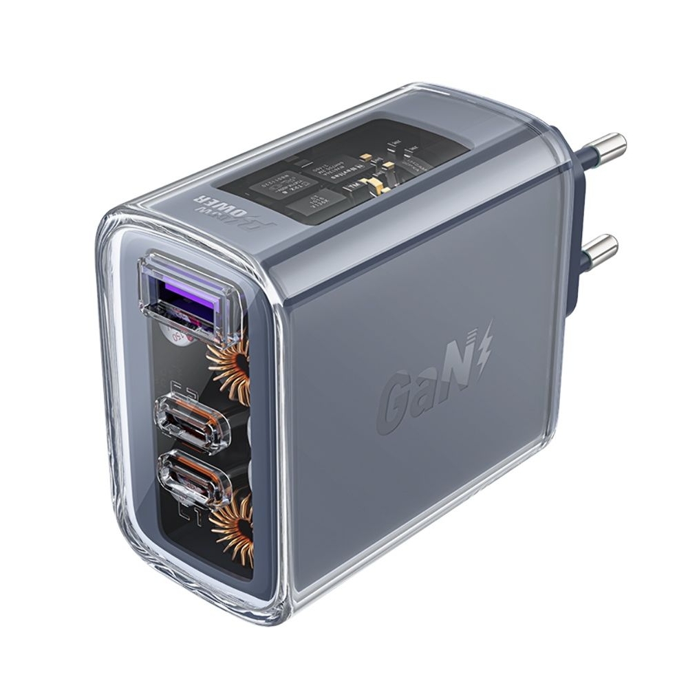 Сетевое зарядное устройство Acefast A45, 1 USB, 2 Type-C, Quick Charge, Power Delivery (65 Вт), GaN, серое