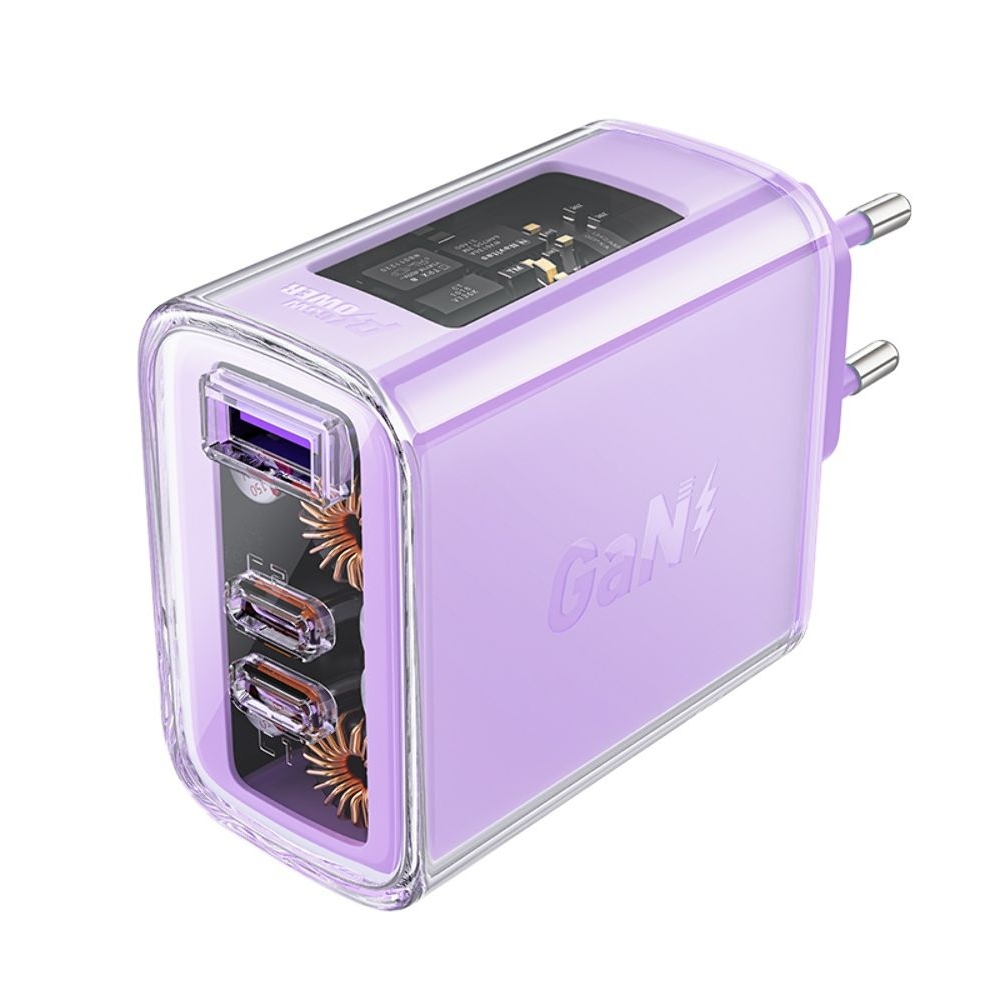 Сетевое зарядное устройство Acefast A45, 1 USB, 2 Type-C, Quick Charge, Power Delivery (65 Вт), GaN, фиолетовое