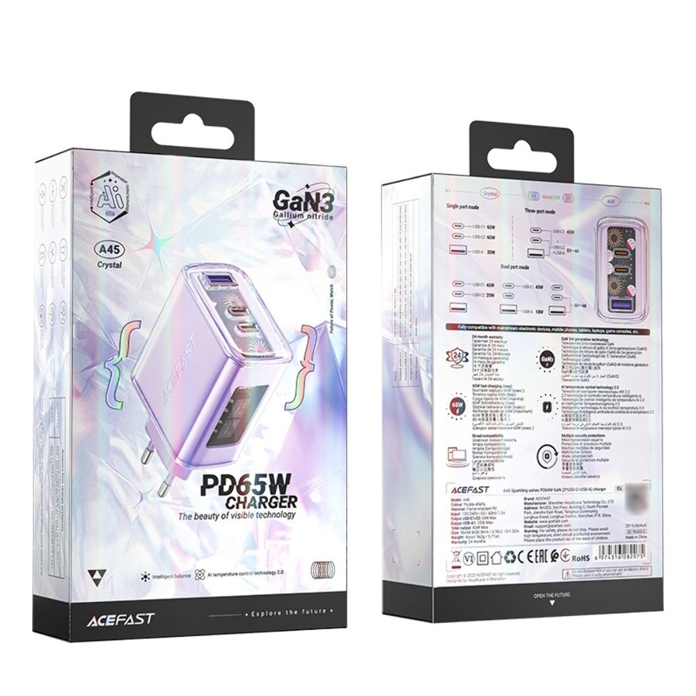 Сетевое зарядное устройство Acefast A45, 1 USB, 2 Type-C, Quick Charge, Power Delivery (65 Вт), GaN, фиолетовое