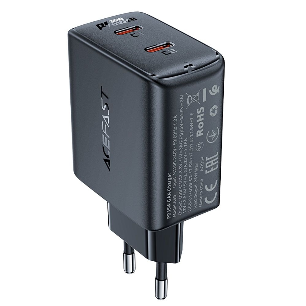 Сетевое зарядное устройство Acefast A49, 2 Type-C , Power Delivery (35 Вт), GaN, черное