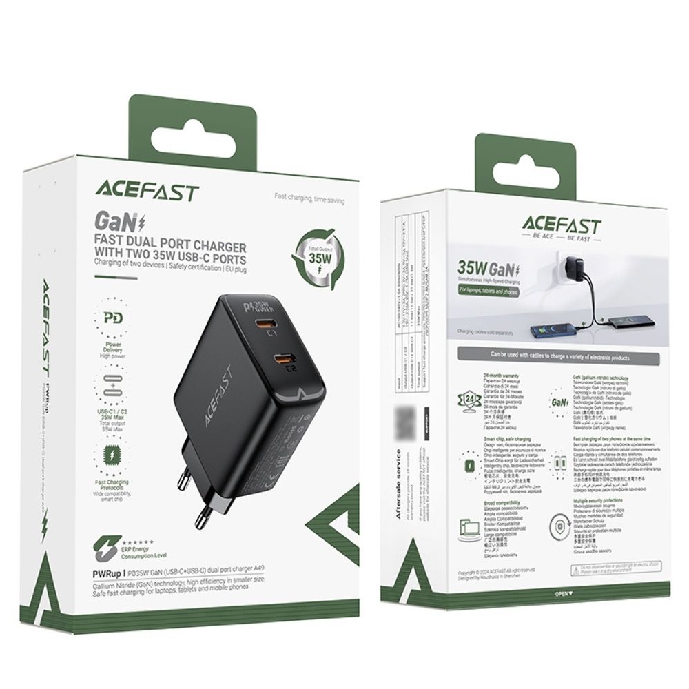 Сетевое зарядное устройство Acefast A49, 2 Type-C , Power Delivery (35 Вт), GaN, черное