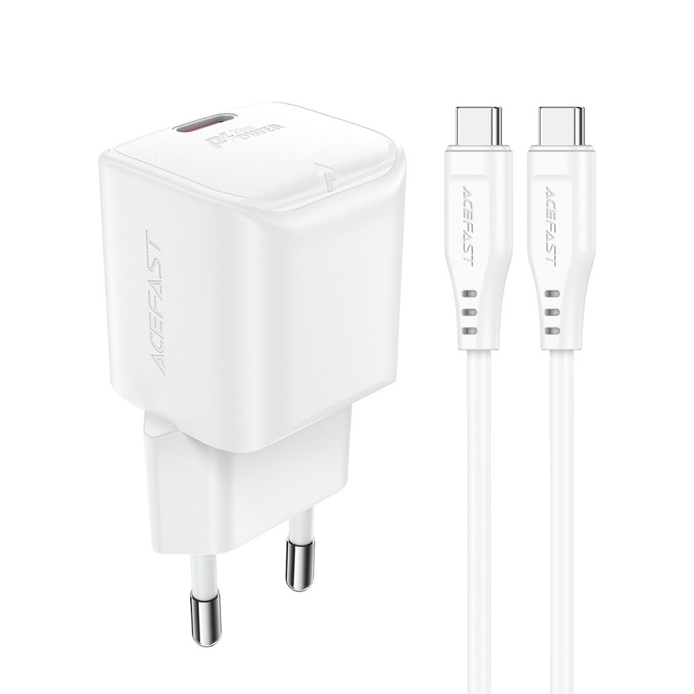 Сетевое зарядное устройство Acefast A73 mini Type-C, Power Delivery (20 Вт), GaN, с кабелем Type-C на Type-C, белое