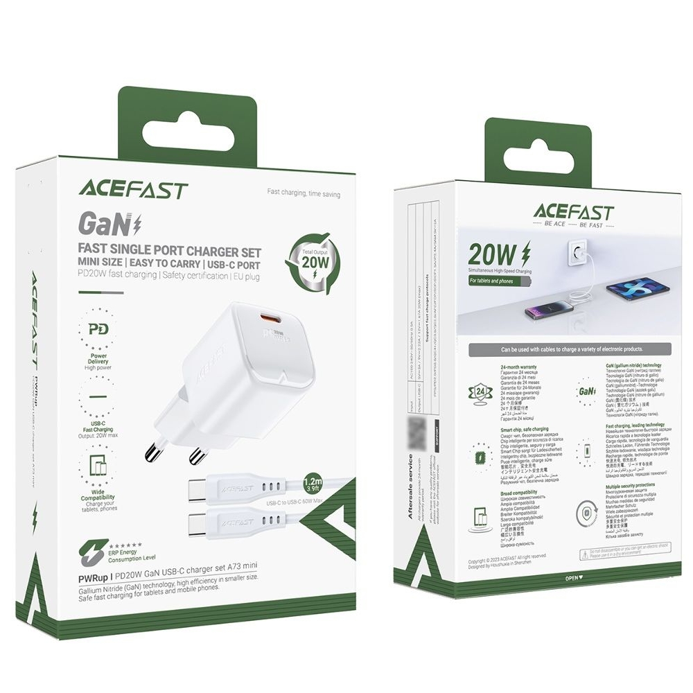 Сетевое зарядное устройство Acefast A73 mini Type-C, Power Delivery (20 Вт), GaN, с кабелем Type-C на Type-C, белое