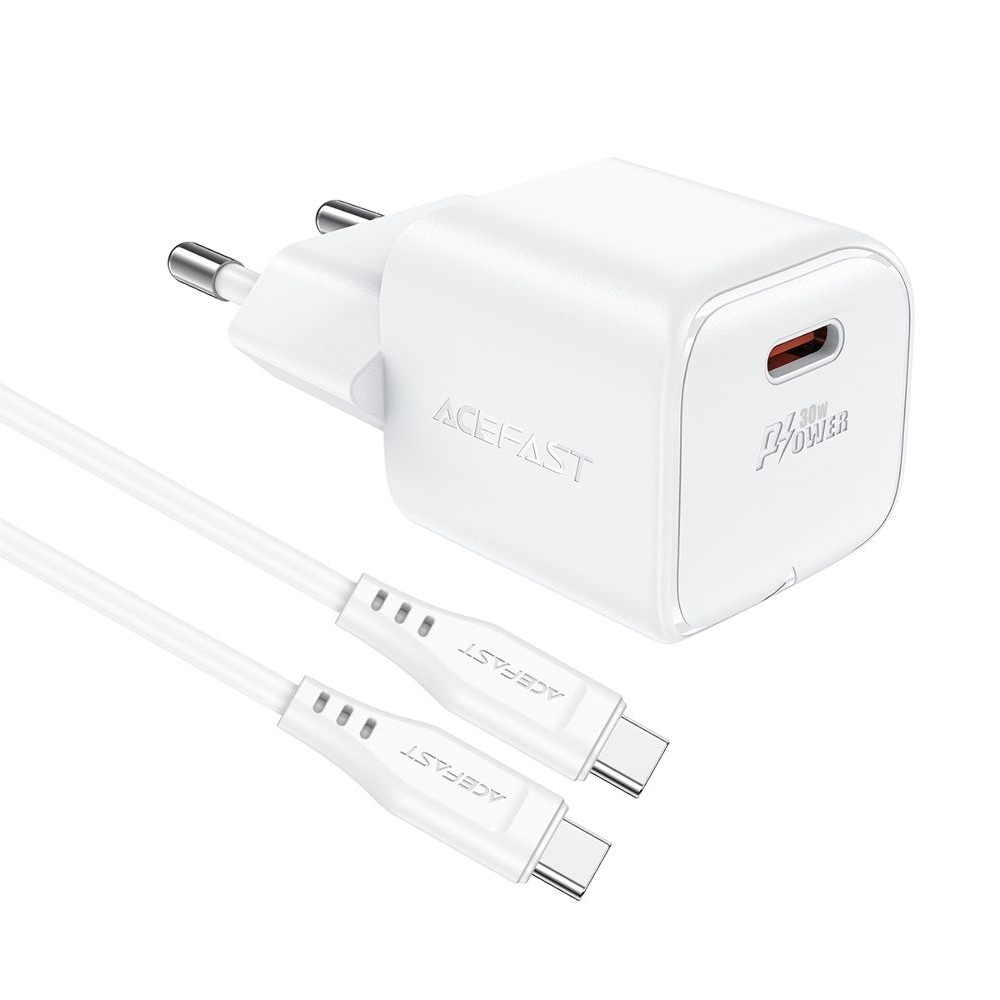 Сетевое зарядное устройство Acefast A77 mini Type-C , Power Delivery (30 Вт), GaN, с кабелем Type-C на Type-C, белое