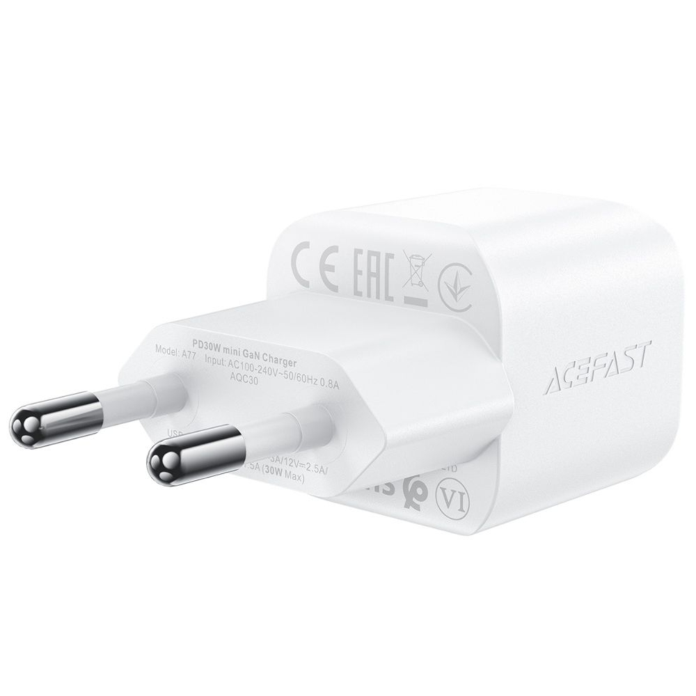 Сетевое зарядное устройство Acefast A77 mini Type-C , Power Delivery (30 Вт), GaN, с кабелем Type-C на Type-C, белое