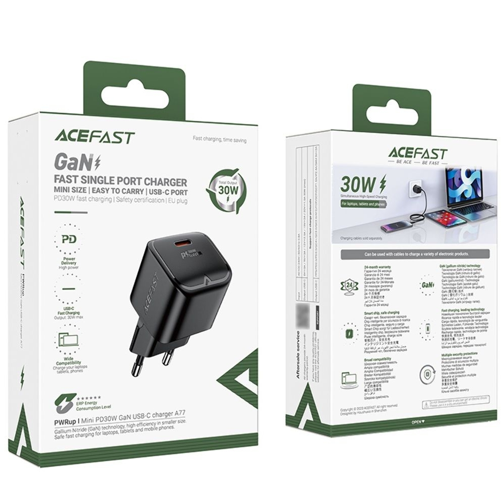 Сетевое зарядное устройство Acefast A77 mini Type-C , Power Delivery (30 Вт), GaN, черное