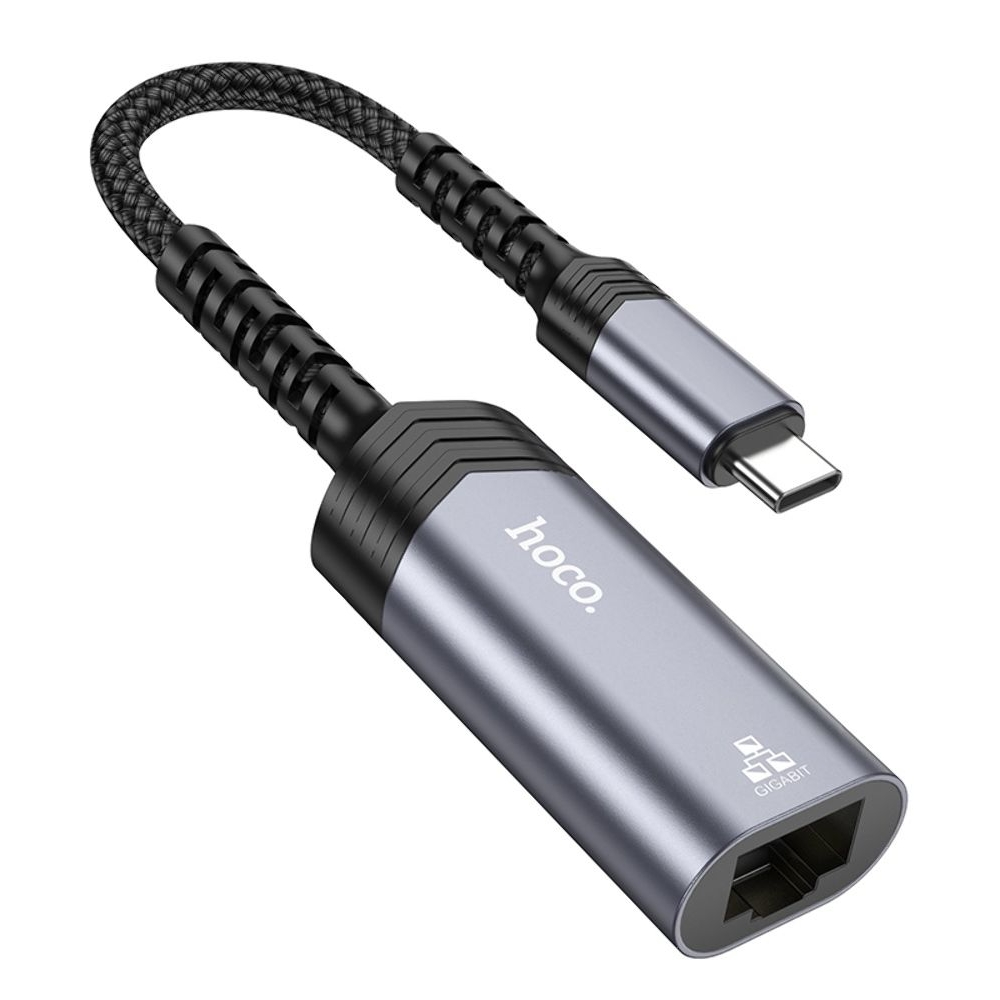 Адаптер переходник Hoco UA26 1000 Mbps Type-C to RJ45 metal, сірий