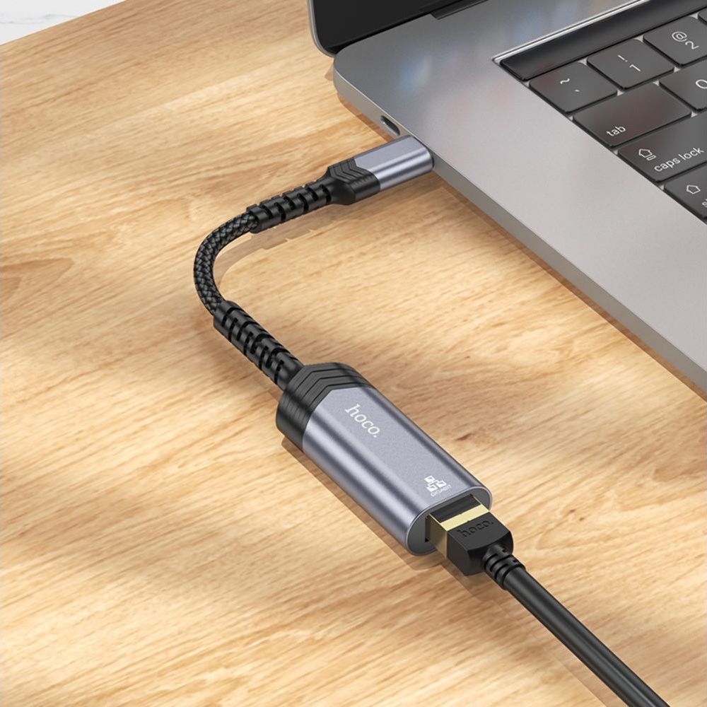 Адаптер переходник Hoco UA26 1000 Mbps Type-C to RJ45 metal, сірий