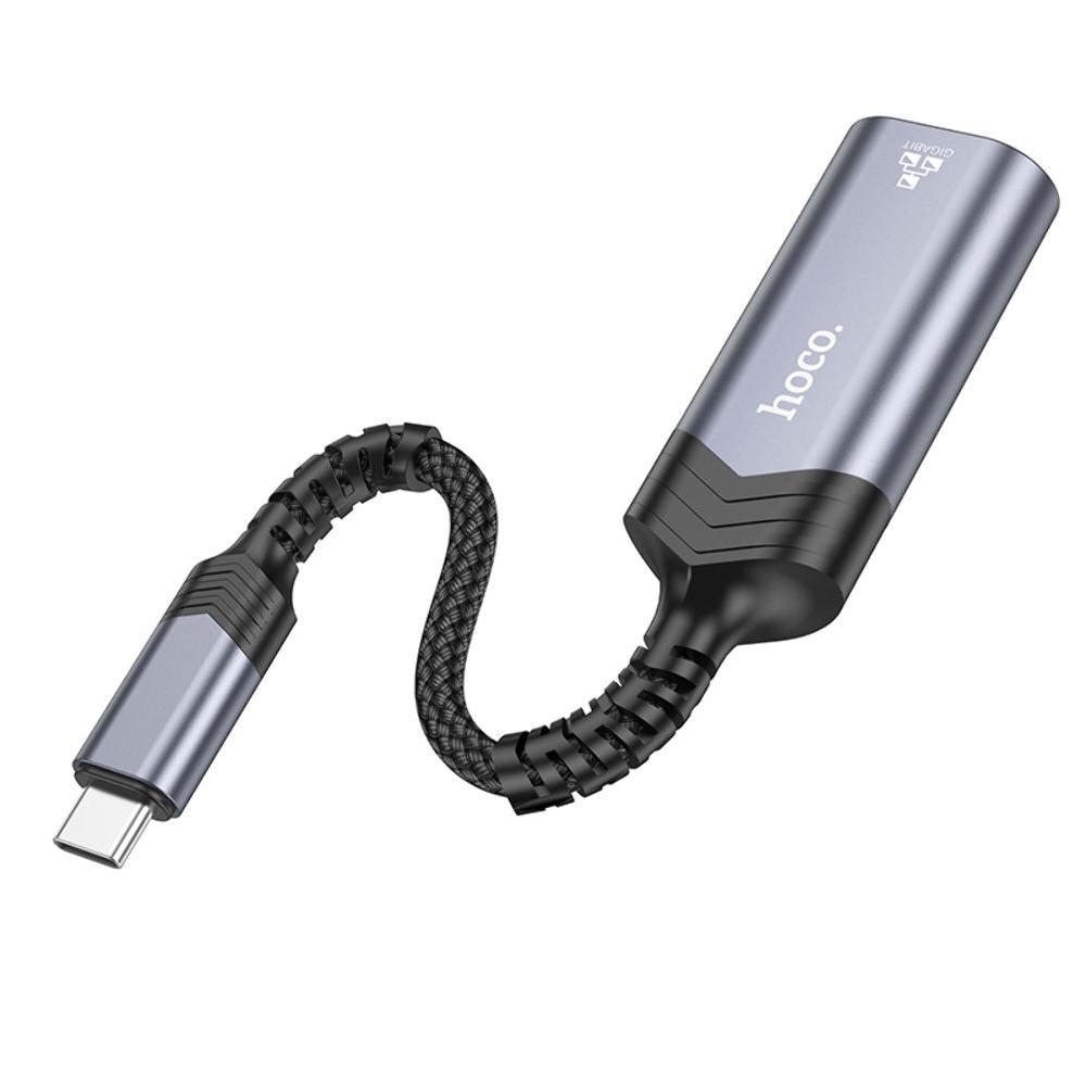 Адаптер переходник Hoco UA26 1000 Mbps Type-C to RJ45 metal, сірий