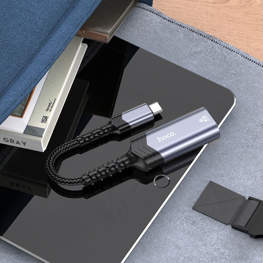 Адаптер переходник Hoco UA26 1000 Mbps Type-C to RJ45 metal, сірий