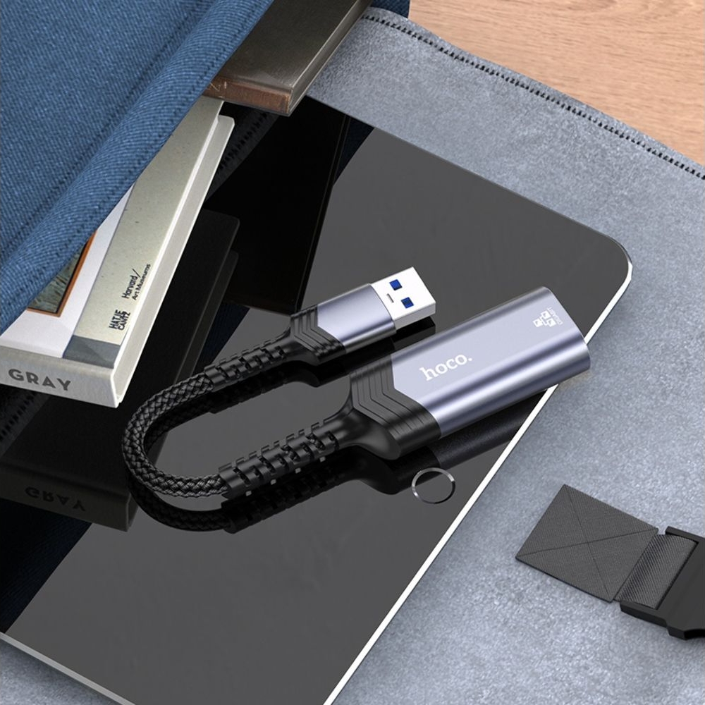 Адаптер переходник Hoco UA26 1000 Mbps USB to RJ45 metal, сірий
