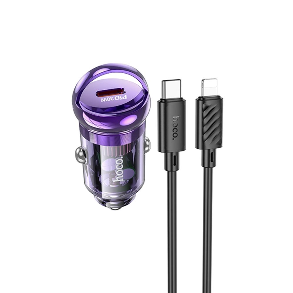 Автомобильний зарядний пристрій Hoco Z53 Type-C, Power Delivery (30 Вт), transparent purple + кабель Type-C на Lightning | зарядка, зарядное устройство