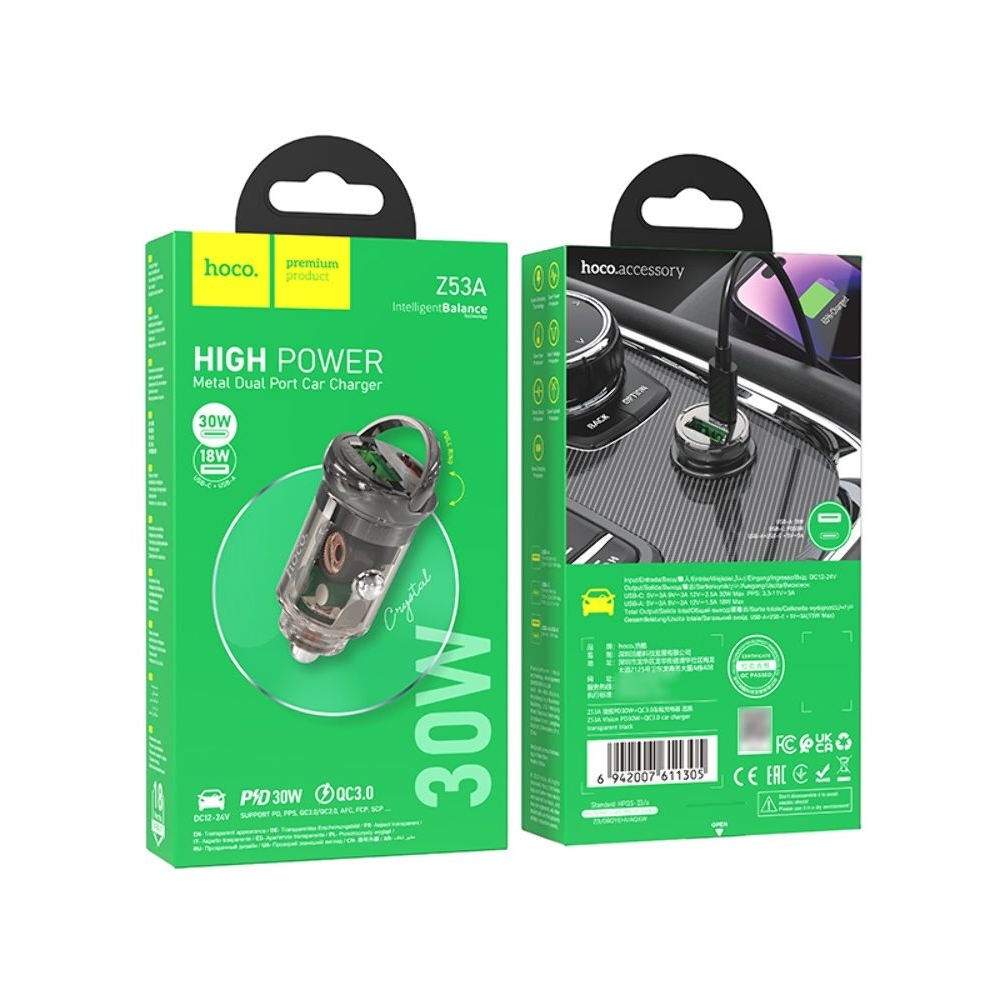 Автомобильний зарядний пристрій Hoco Z53A USB/ Type-C, Power Delivery (30 Вт), Quick Charge, transparent, чорний | зарядка, зарядное устройство