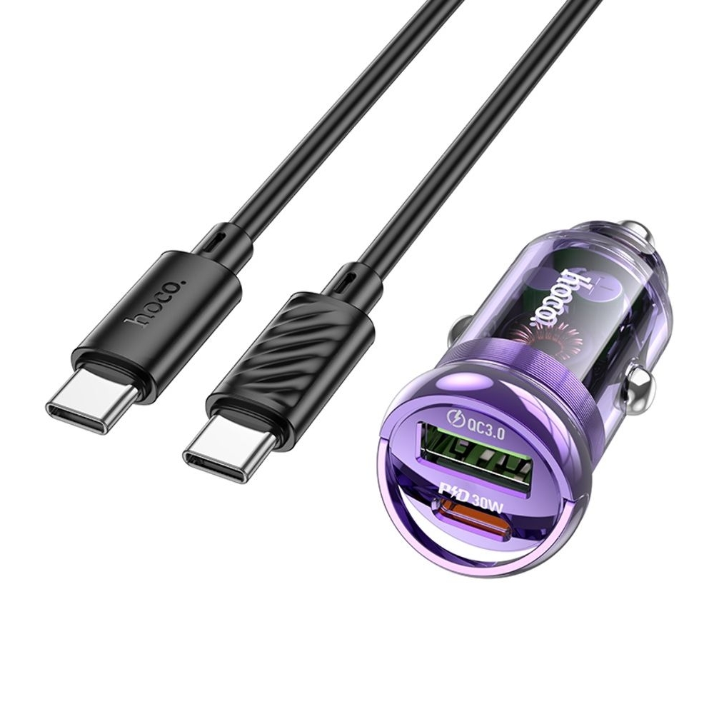 Автомобильний зарядний пристрій Hoco Z53A USB/ Type-C, Power Delivery (30 Вт), Quick Charge, transparent purple + кабель Type-C на Type-C | зарядка, зарядное устройство