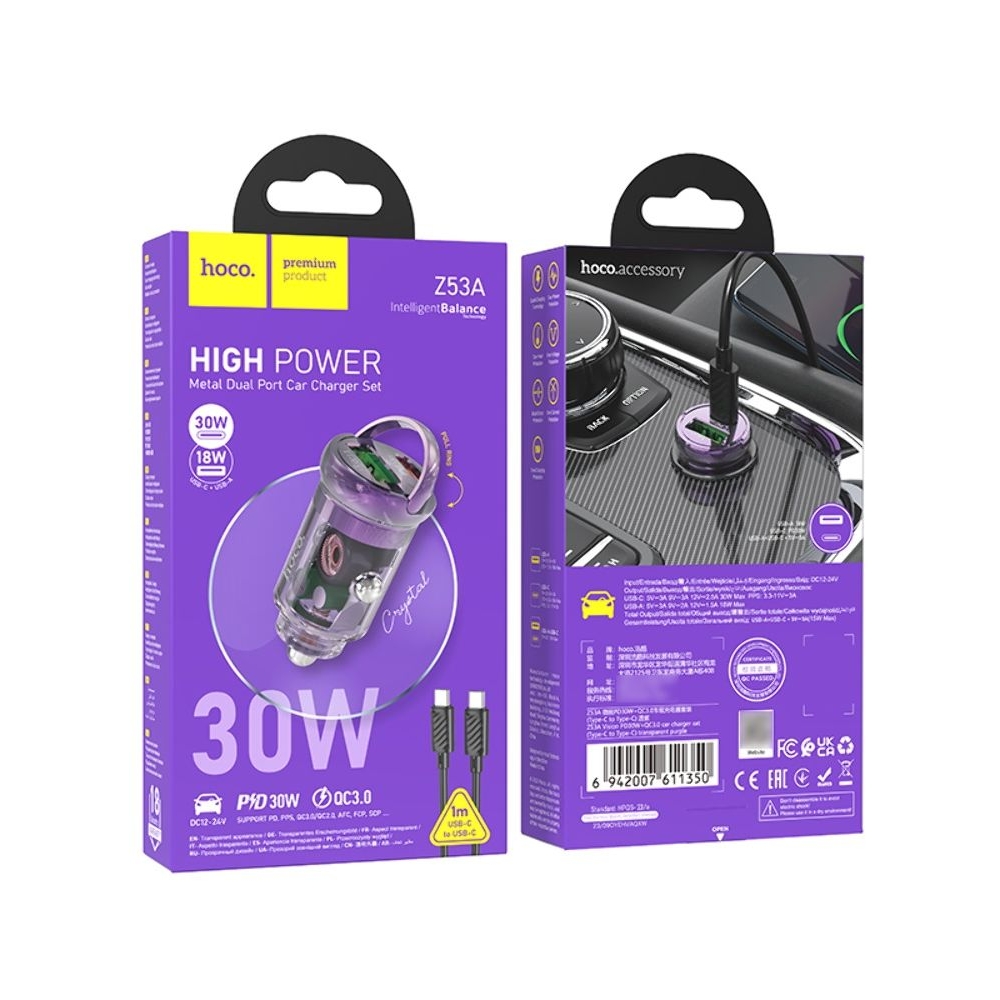 Автомобильний зарядний пристрій Hoco Z53A USB/ Type-C, Power Delivery (30 Вт), Quick Charge, transparent purple + кабель Type-C на Type-C | зарядка, зарядное устройство